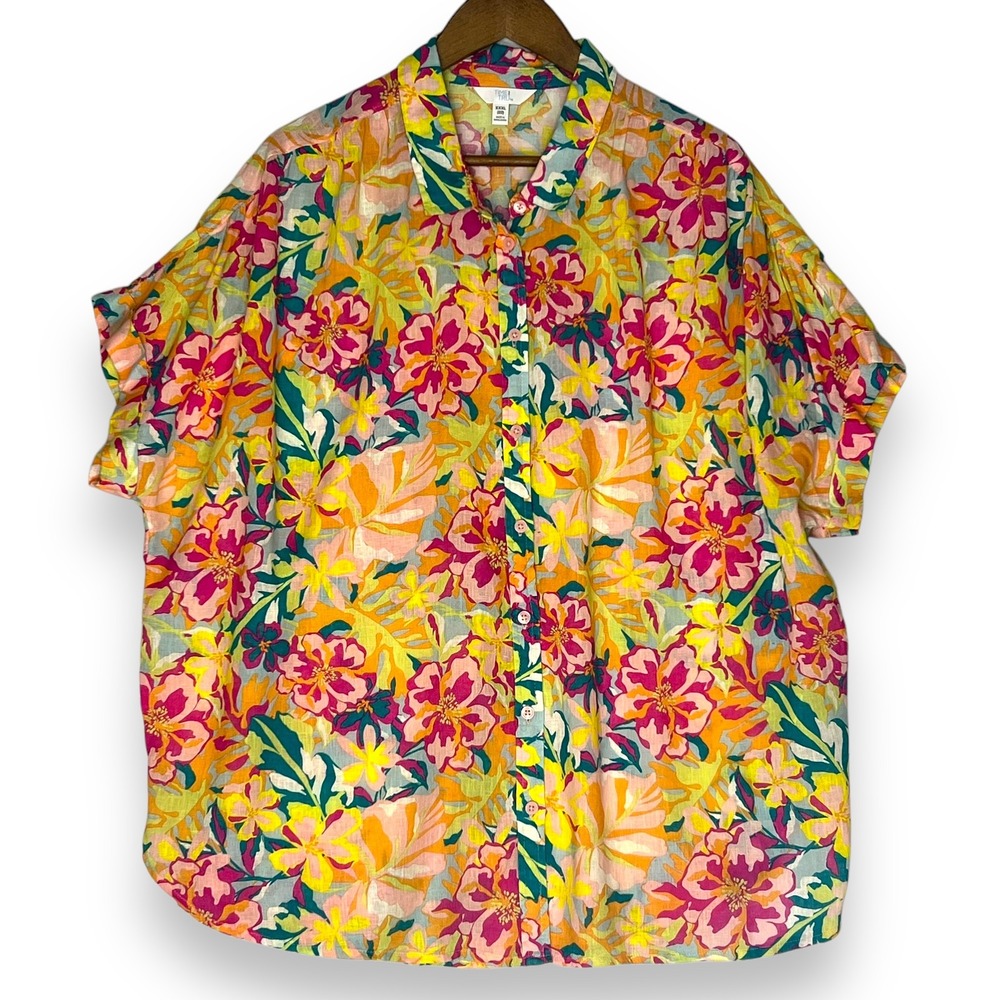 NEW Time and Tru Floral Roll Cuff Shirt Soft Papaya Blouse Linen Blend XXXL 22